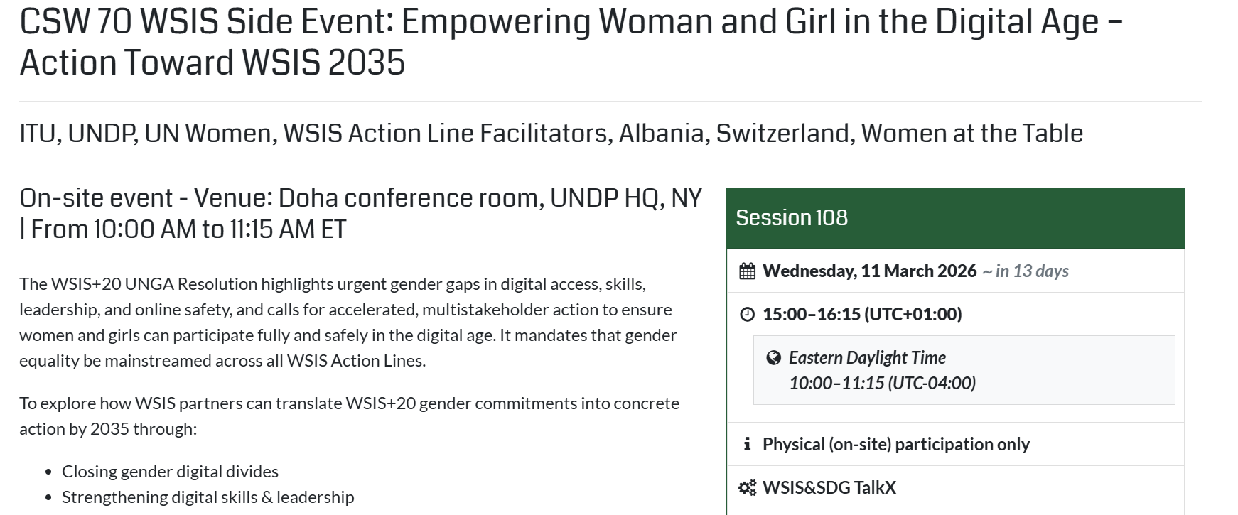CSW 70 WSIS Side Event: Empowering Woman and Girl in the Digital Age – Action Toward WSIS 2035