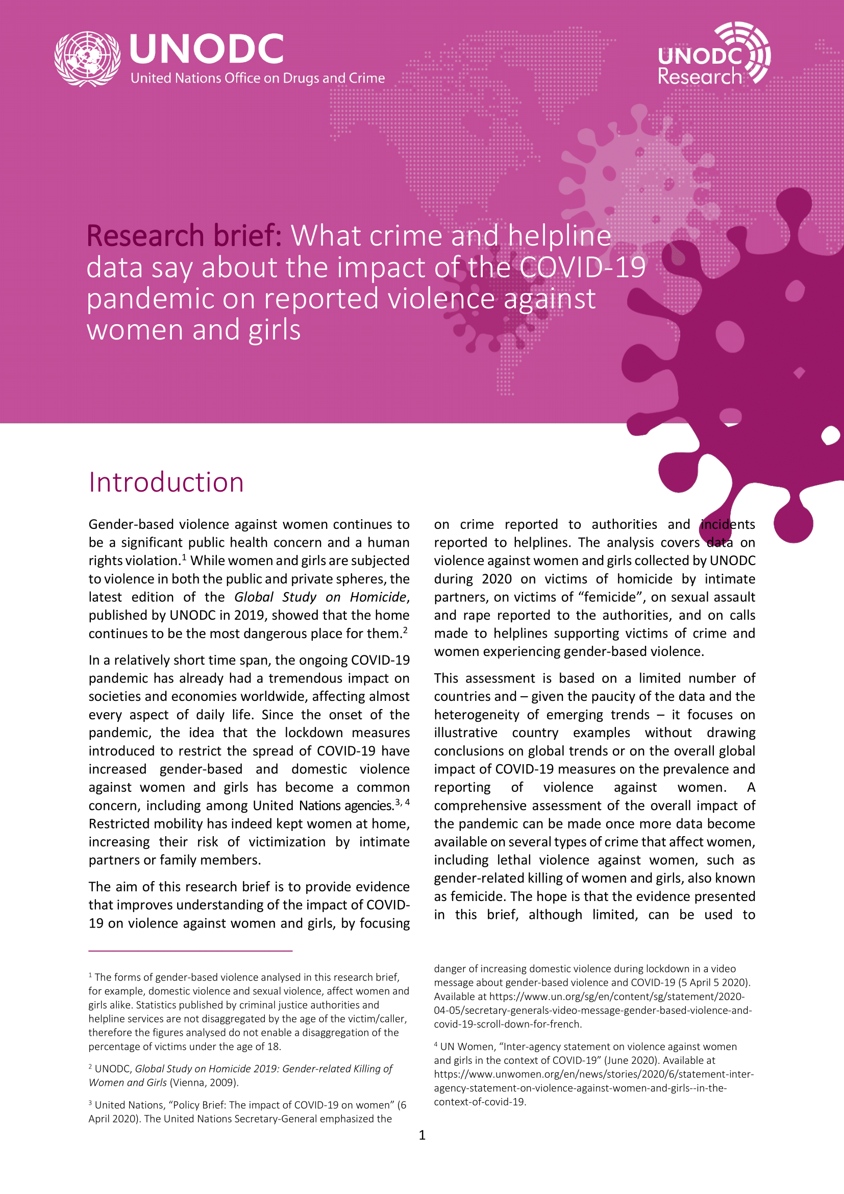 UNODC: Research brief: What crime and helpline data say about the impact of the COVID-19 pandemic on reported violence against women and girls